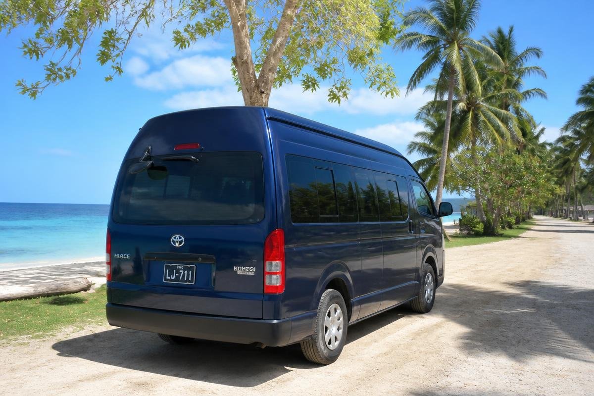 Blue KDH High Roof day hire van at a beach